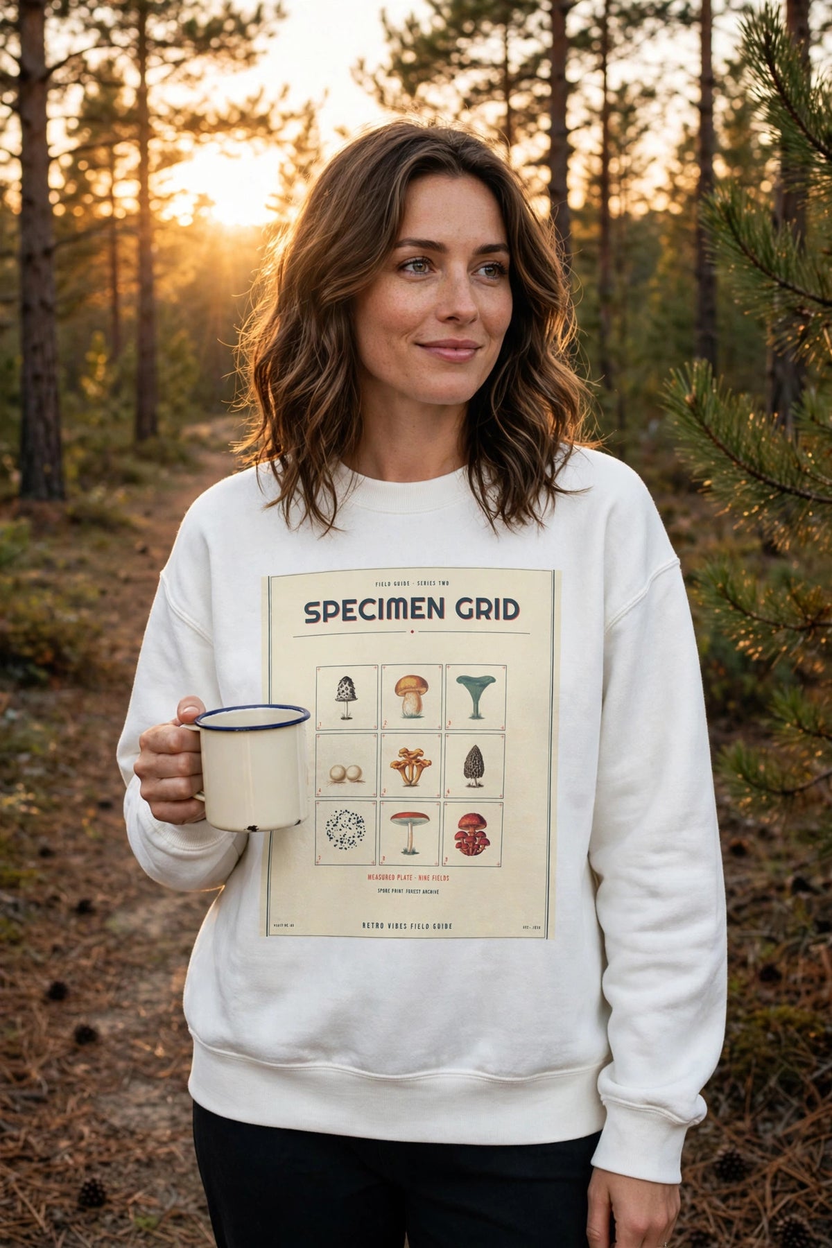 Spore Specimen Grid Crewneck Sweatshirt in White worn on a forest trail at golden hour