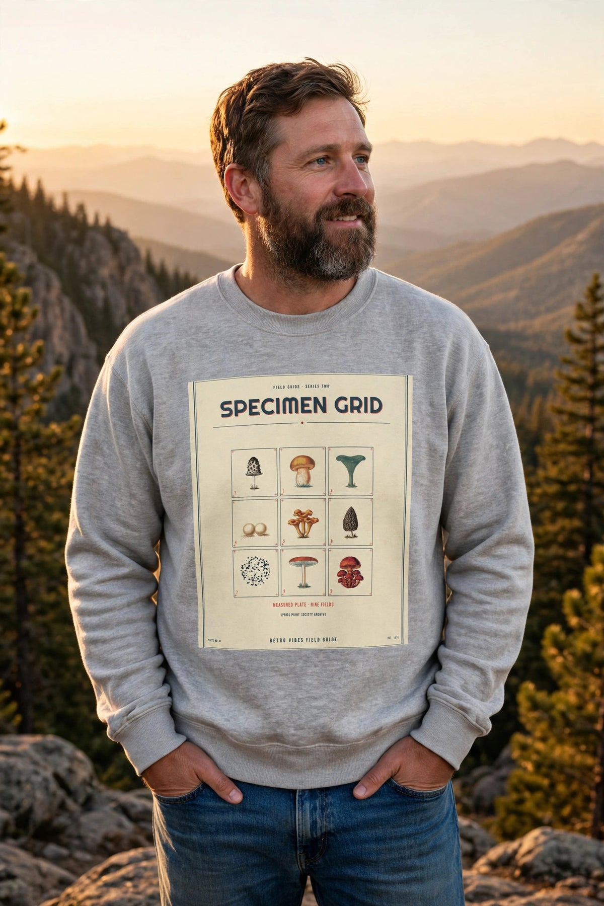Spore Specimen Grid Crewneck Sweatshirt in Sport Grey worn at a mountain overlook at golden hour