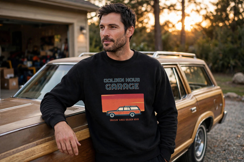 Golden Hour Garage Crewneck Sweatshirt in Black worn beside a vintage station wagon