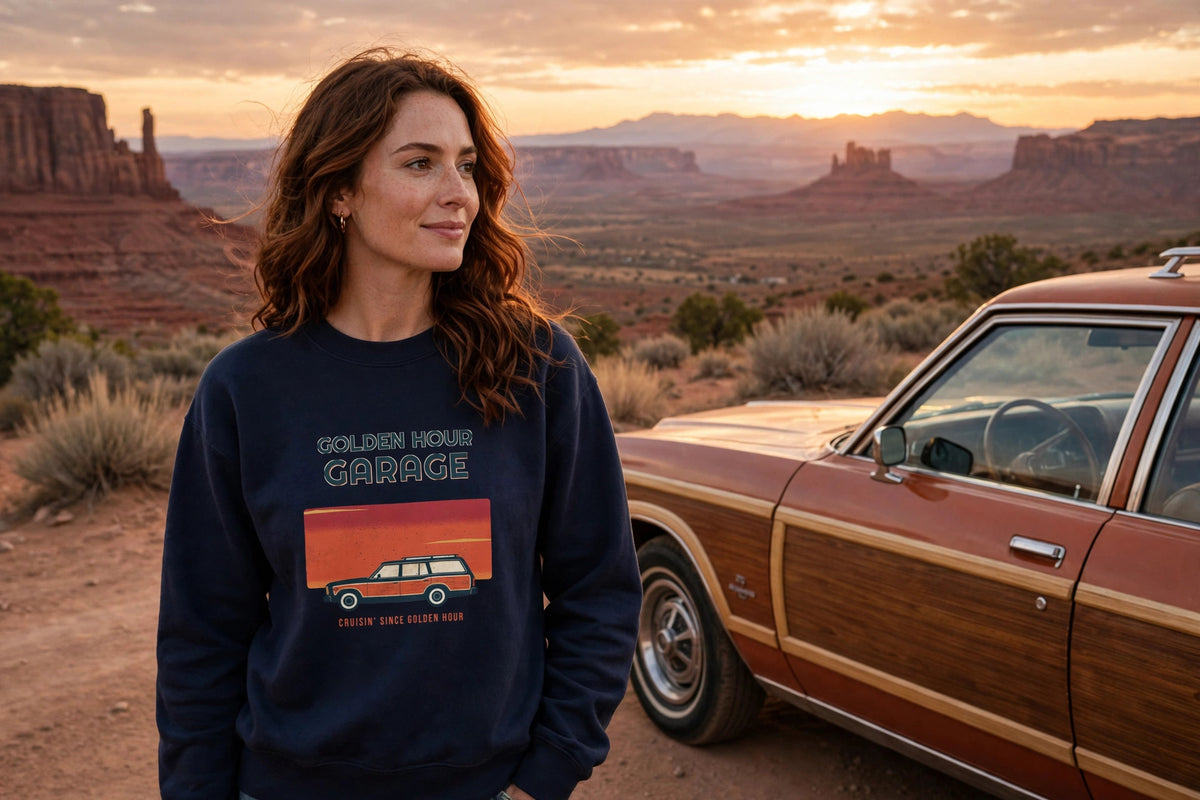 Golden Hour Garage Crewneck Sweatshirt in Navy worn at a desert overlook at sunset