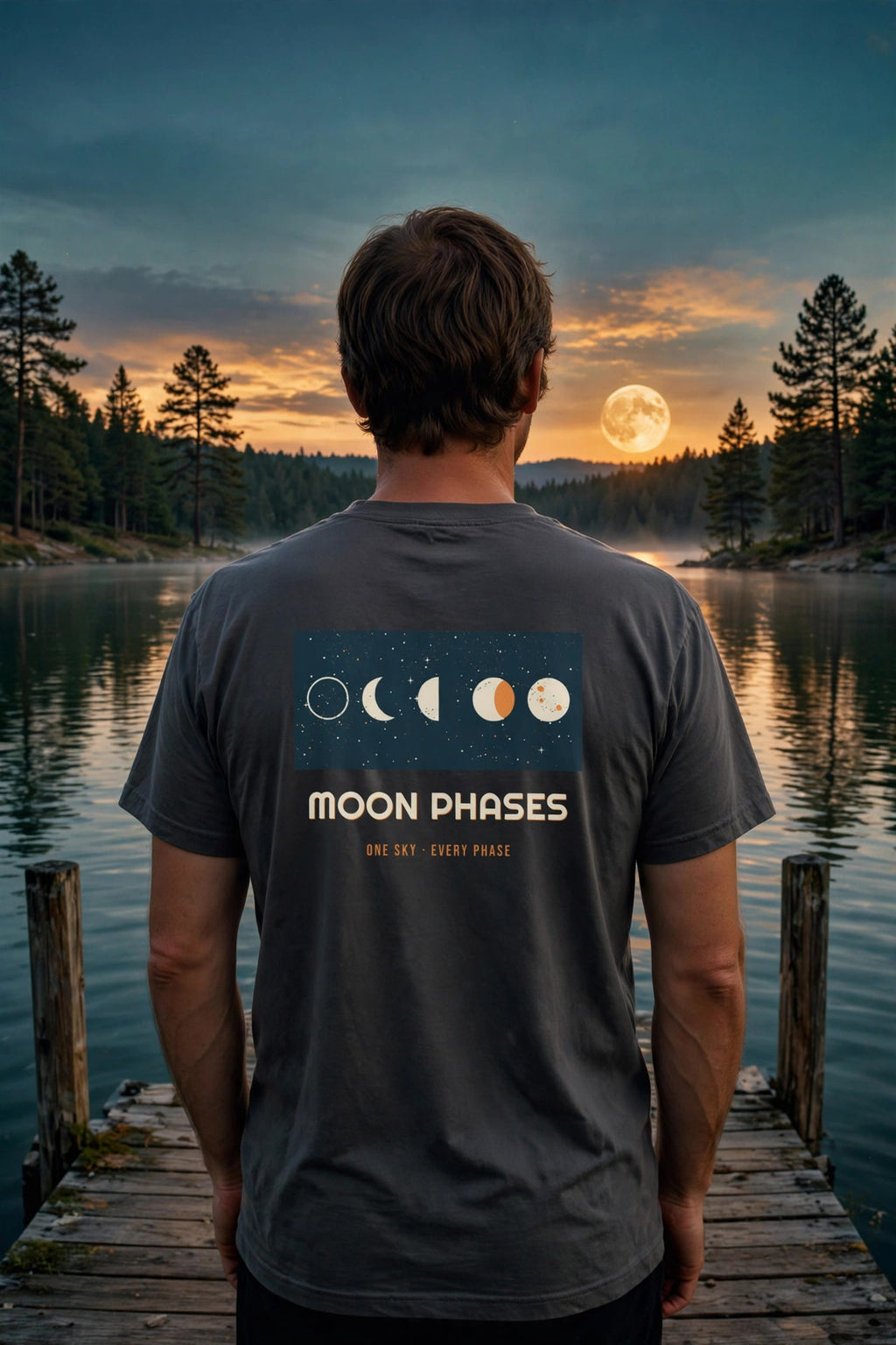 Moon Phases Tee back print worn on a lake dock at moonrise