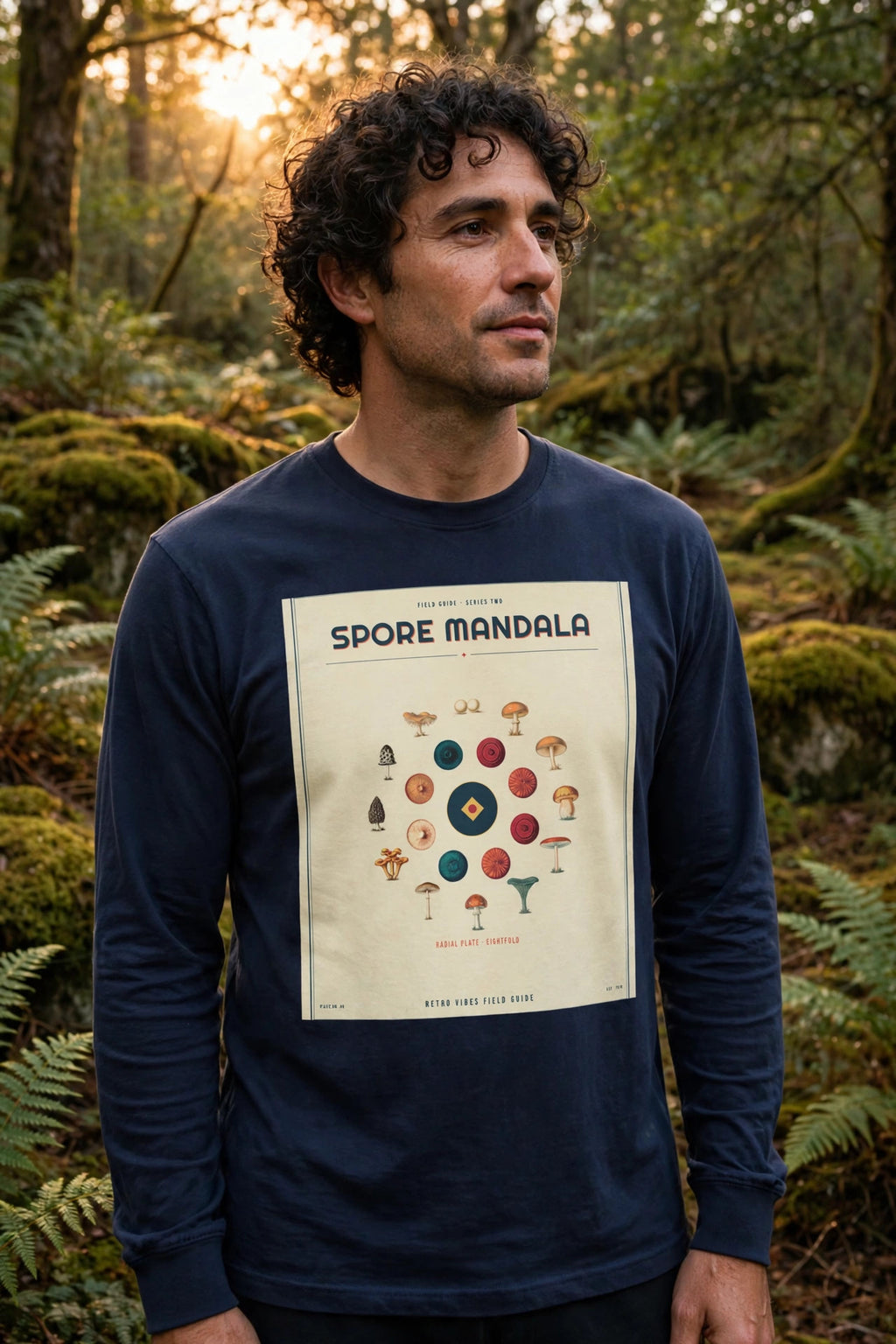 Spore Mandala Long Sleeve Tee in Navy worn in a woodland clearing at golden hour