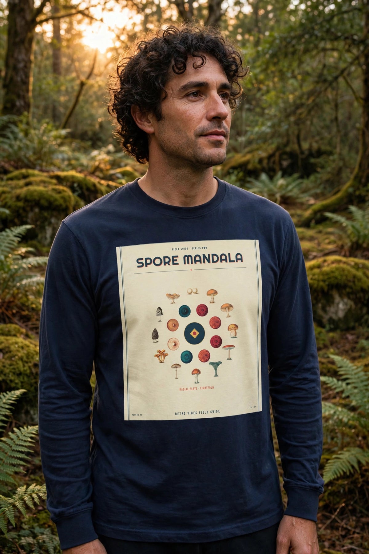 Spore Mandala Long Sleeve Tee in Navy worn in a woodland clearing at golden hour