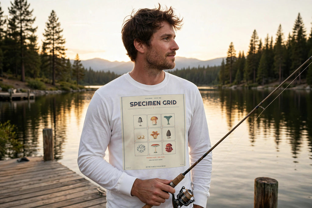 Spore Specimen Grid Long Sleeve Tee in White worn on a lake dock at golden hour