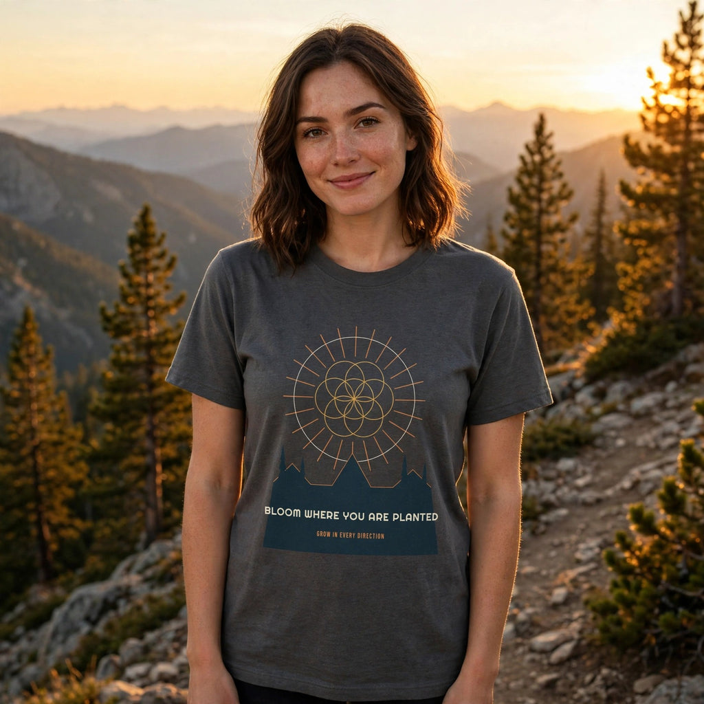 Bloom Where Planted Tee worn on a ridge trail at golden hour