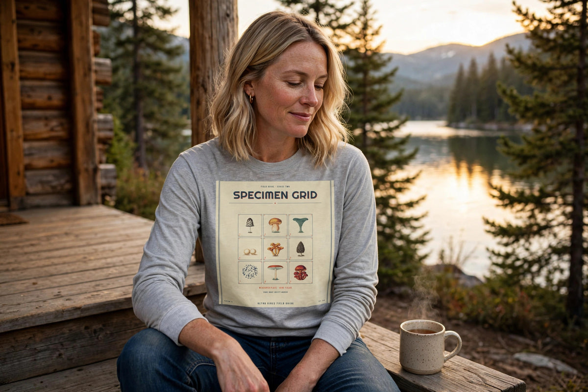 Spore Specimen Grid Long Sleeve Tee in Sport Grey worn on a cabin porch at golden hour
