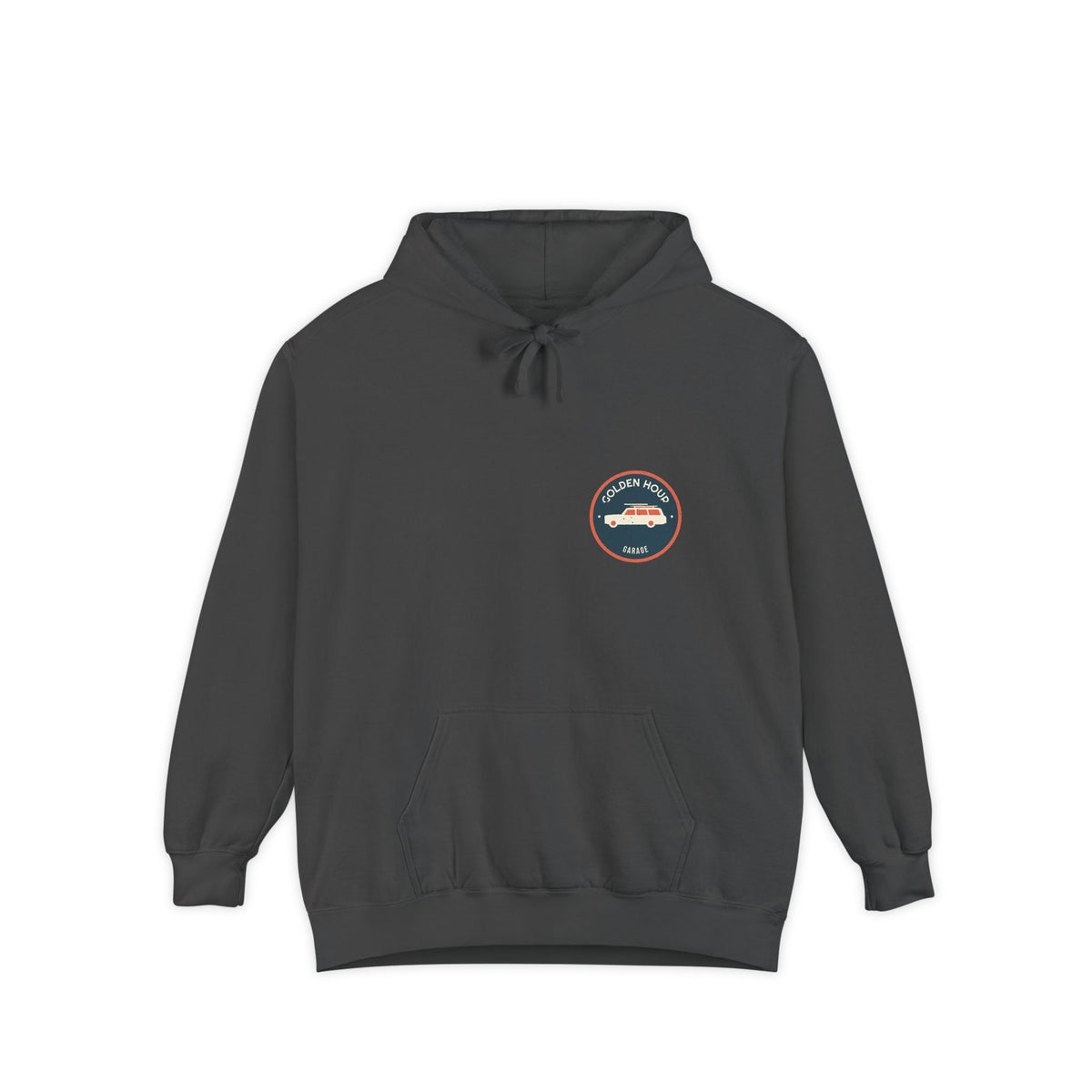Golden Hour Garage Glyph — a Retro Vibes original in the locked 70s palette, printed on a Comfort Colors 1567 garment-dyed hoodie by Retro Vibes