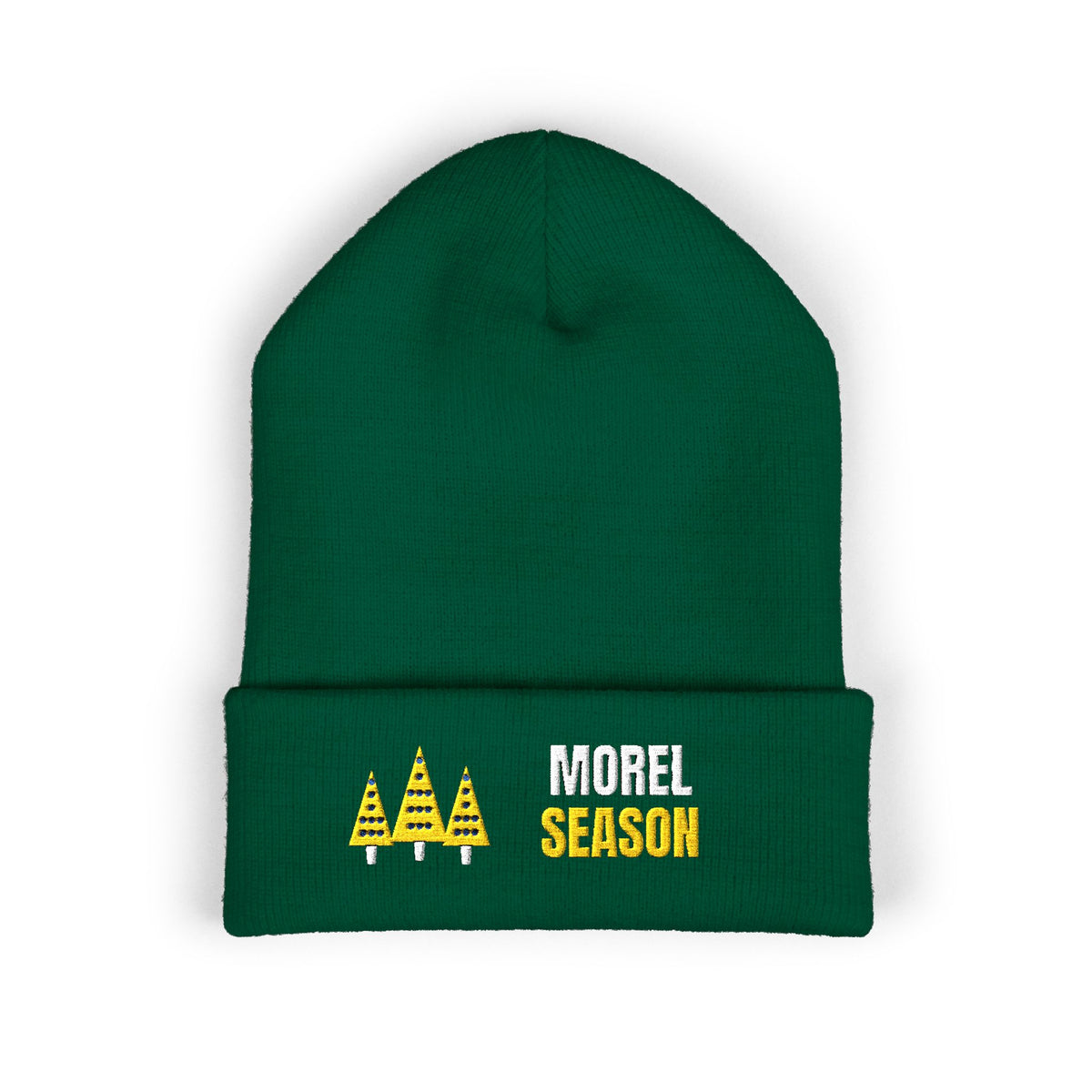 Morel Season — a Retro Vibes original in the locked 70s palette, simplified for clean embroidery, embroidered on a Yupoong cuffed knit beanie by Retro Vibes