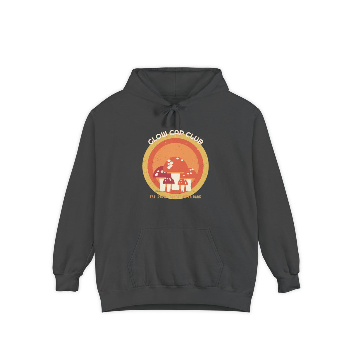Glow Cap Club — a golden hour mushroom study in the locked 70s palette, specimen-club style, printed on a Comfort Colors 1567 garment-dyed hoodie by Retro Vibes