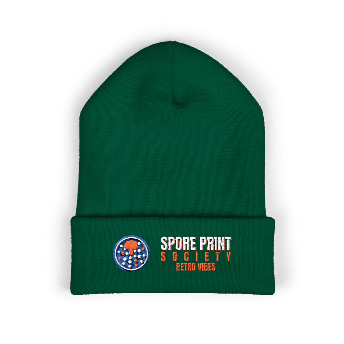 Spore Print Society — the founding badge of the specimen society: one perfect cap, pressed and printed, embroidered on a Yupoong cuffed knit beanie by Retro Vibes
