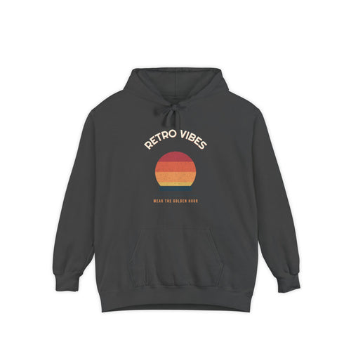 Arch Wordmark — a Batch 2 Retro Vibes original in the locked 70s palette, printed on a Comfort Colors 1567 garment-dyed hoodie by Retro Vibes