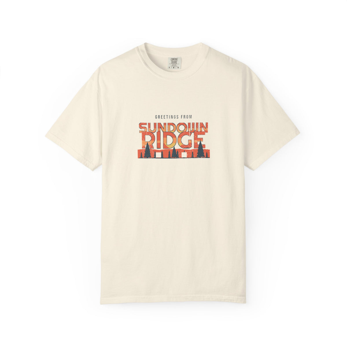 Greetings from Sundown Ridge — a postcard from the ridge at last light, pines and all, printed on a Comfort Colors 1717 garment-dyed tee by Retro Vibes