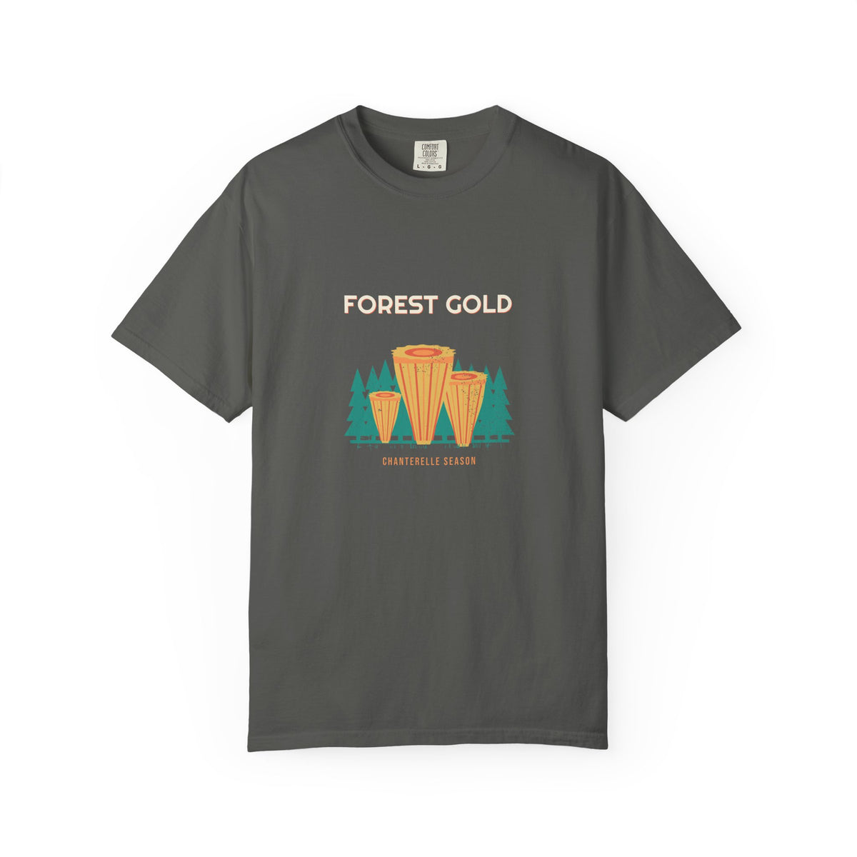 Forest Gold — chanterelles at hero scale under big stacked type. The forest floor, paying out, printed on a Comfort Colors 1717 garment-dyed tee by Retro Vibes