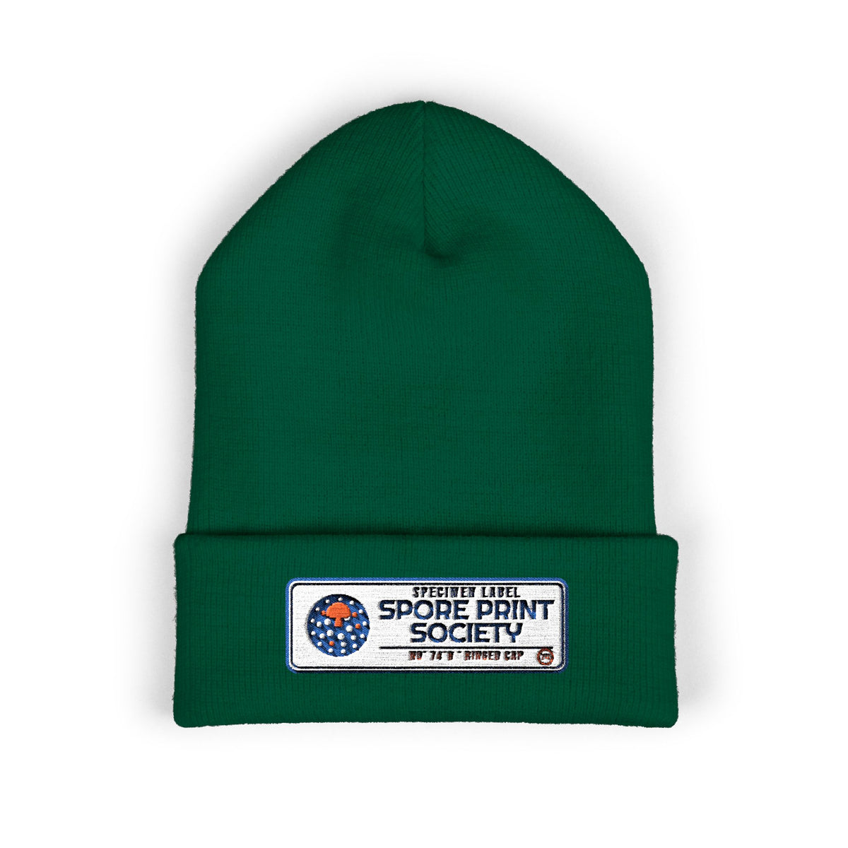 Specimen Label Plate — from the Spore Print Society collection, a Retro Vibes original in the locked 70s palette, embroidered on a Yupoong cuffed knit beanie by Retro Vibes