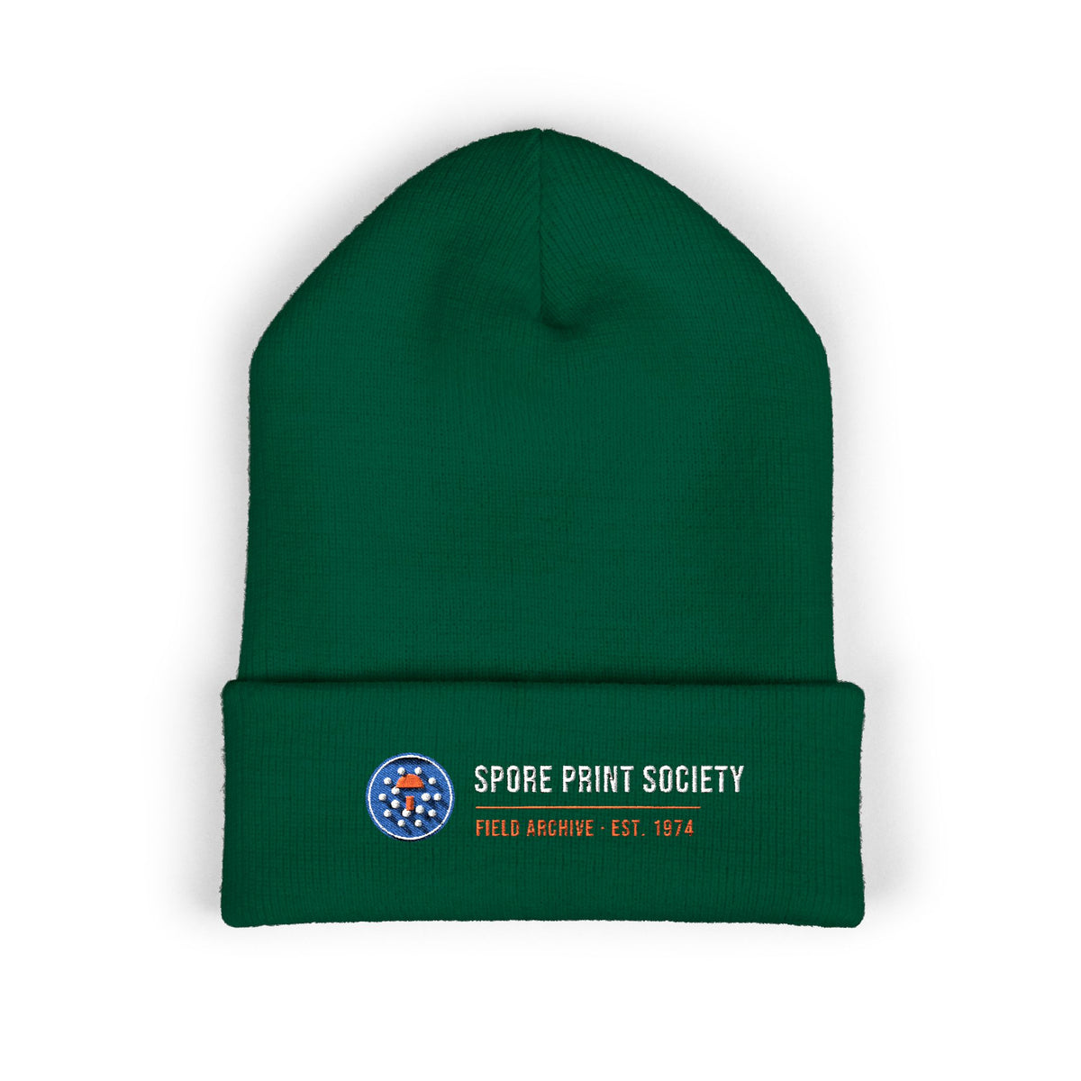 Specimen Label — from the Spore Print Society collection, a Retro Vibes original in the locked 70s palette, embroidered on a Yupoong cuffed knit beanie by Retro Vibes