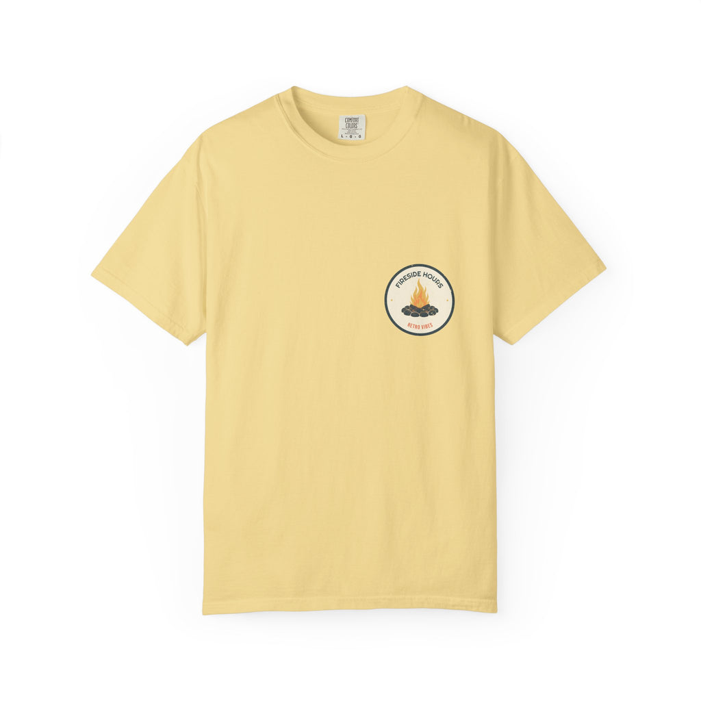 Fireside Hours — a campfire ring badge for the hours nobody checks a clock, printed on a Comfort Colors 1717 garment-dyed tee by Retro Vibes