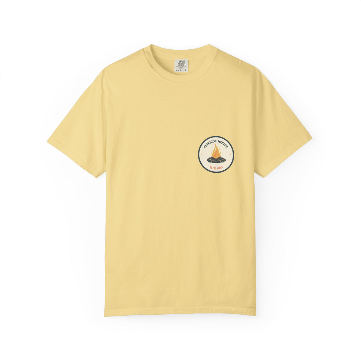 Fireside Hours — a campfire ring badge for the hours nobody checks a clock, printed on a Comfort Colors 1717 garment-dyed tee by Retro Vibes