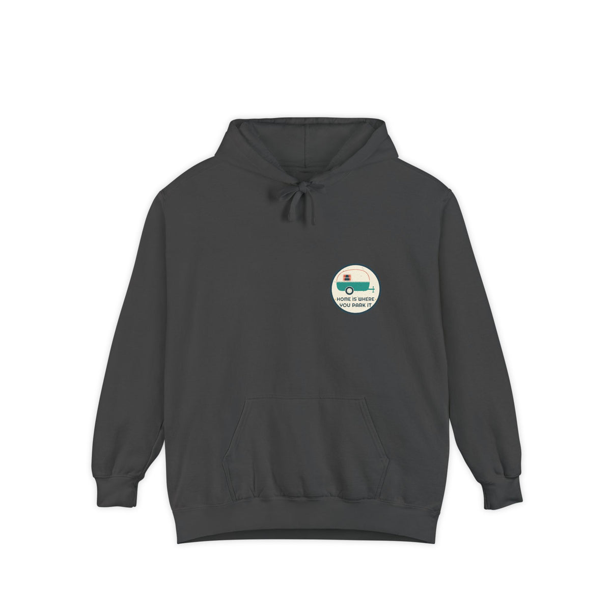 Home Is Where You Park It Badge — a Retro Vibes original in the locked 70s palette, printed on a Comfort Colors 1567 garment-dyed hoodie by Retro Vibes
