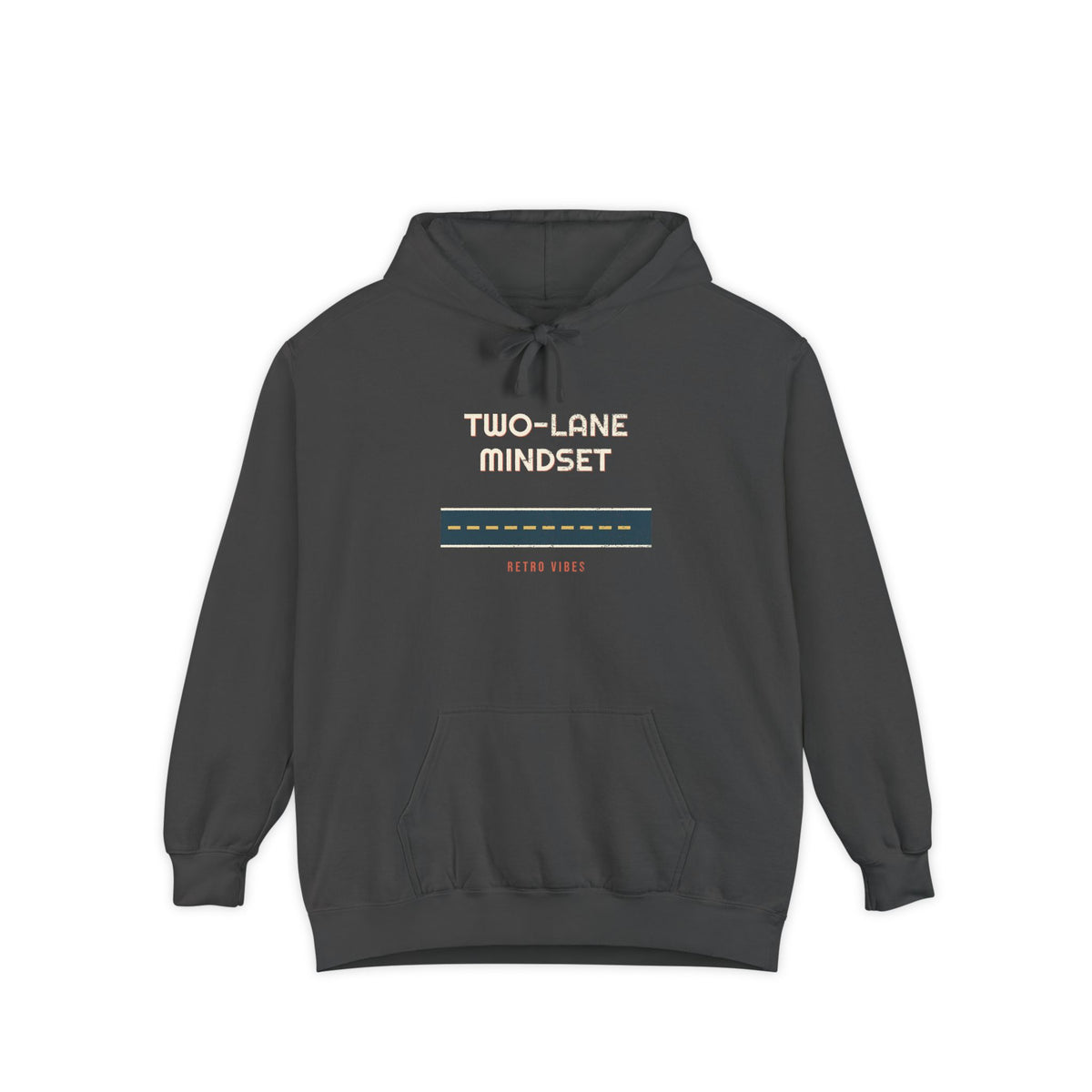 Two-Lane Mindset — stacked highway type over a slate road stripe with a mustard center line, printed on a Comfort Colors 1567 garment-dyed hoodie by Retro Vibes