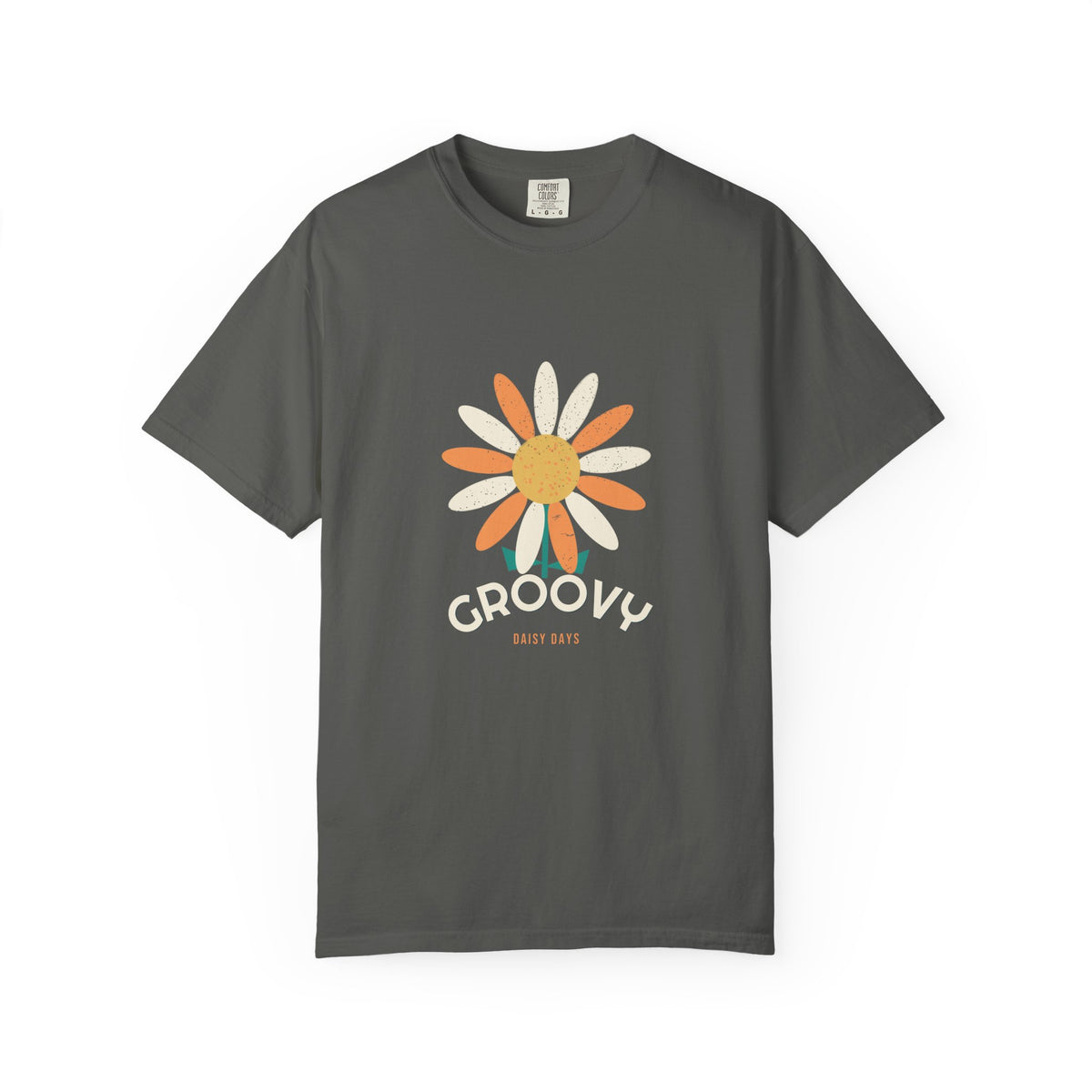 Groovy Daisy — one big daisy in full 70s color. Flower power, garment-dyed, printed on a Comfort Colors 1717 garment-dyed tee by Retro Vibes