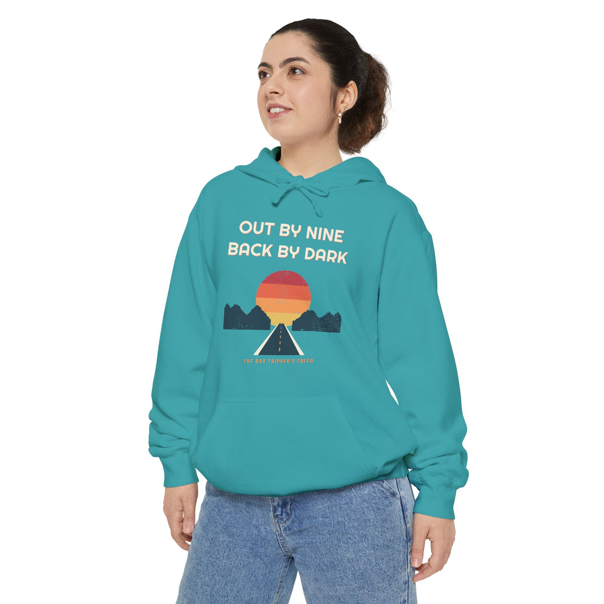 Out By Nine, Back By Dark Hoodie by Retro Vibes — product view 3