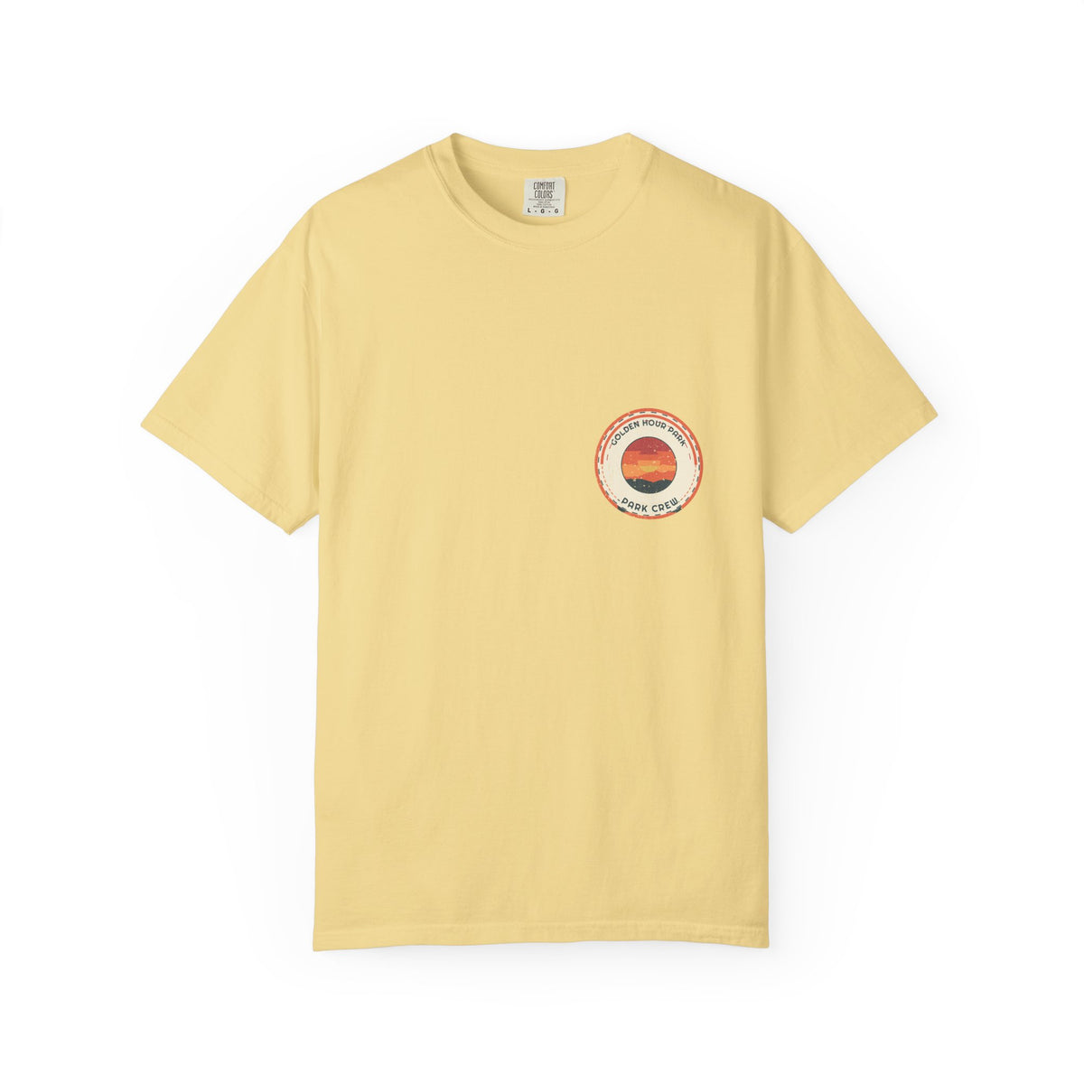 Golden Hour Park Patch — a park crew patch with a stepped sunset over the ridge, stitched-look ring and all, printed on a Comfort Colors 1717 garment-dyed tee by Retro Vibes