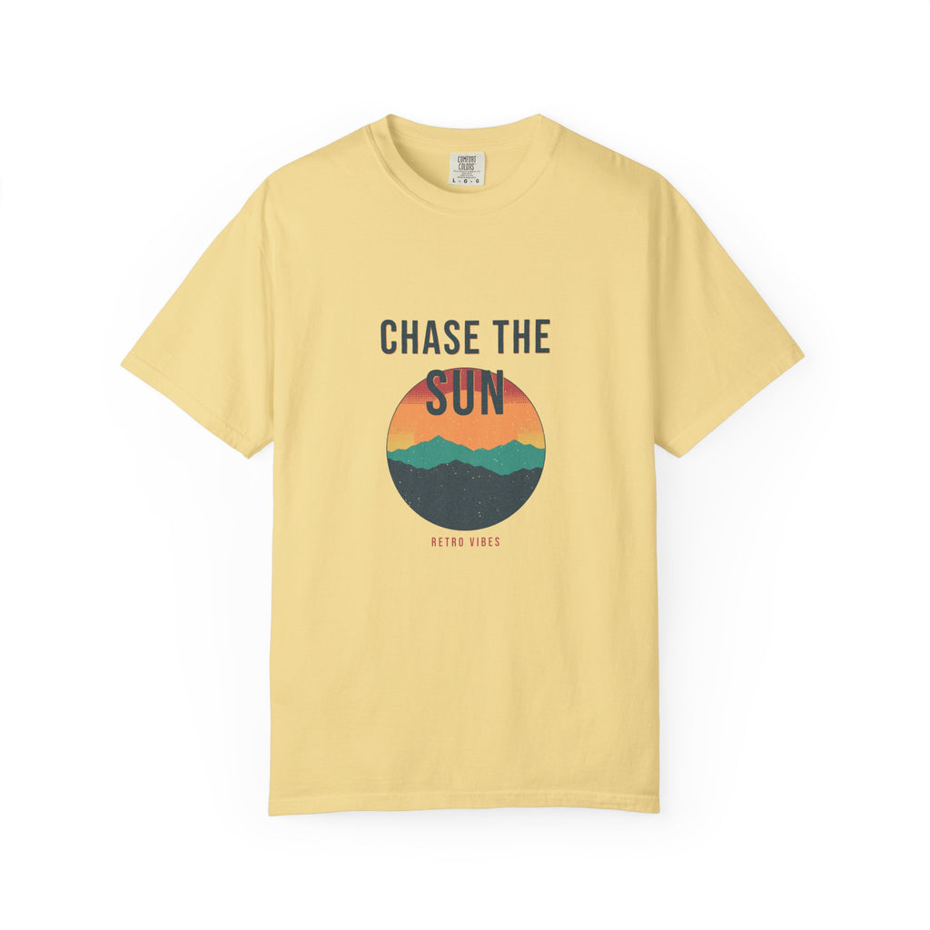 Chase The Sun Disc — the full-disc sunset, poster-size, printed on a Comfort Colors 1717 garment-dyed tee by Retro Vibes