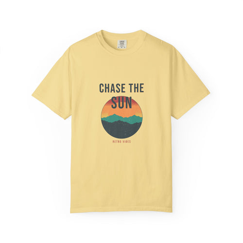 Chase The Sun Disc — the full-disc sunset, poster-size, printed on a Comfort Colors 1717 garment-dyed tee by Retro Vibes
