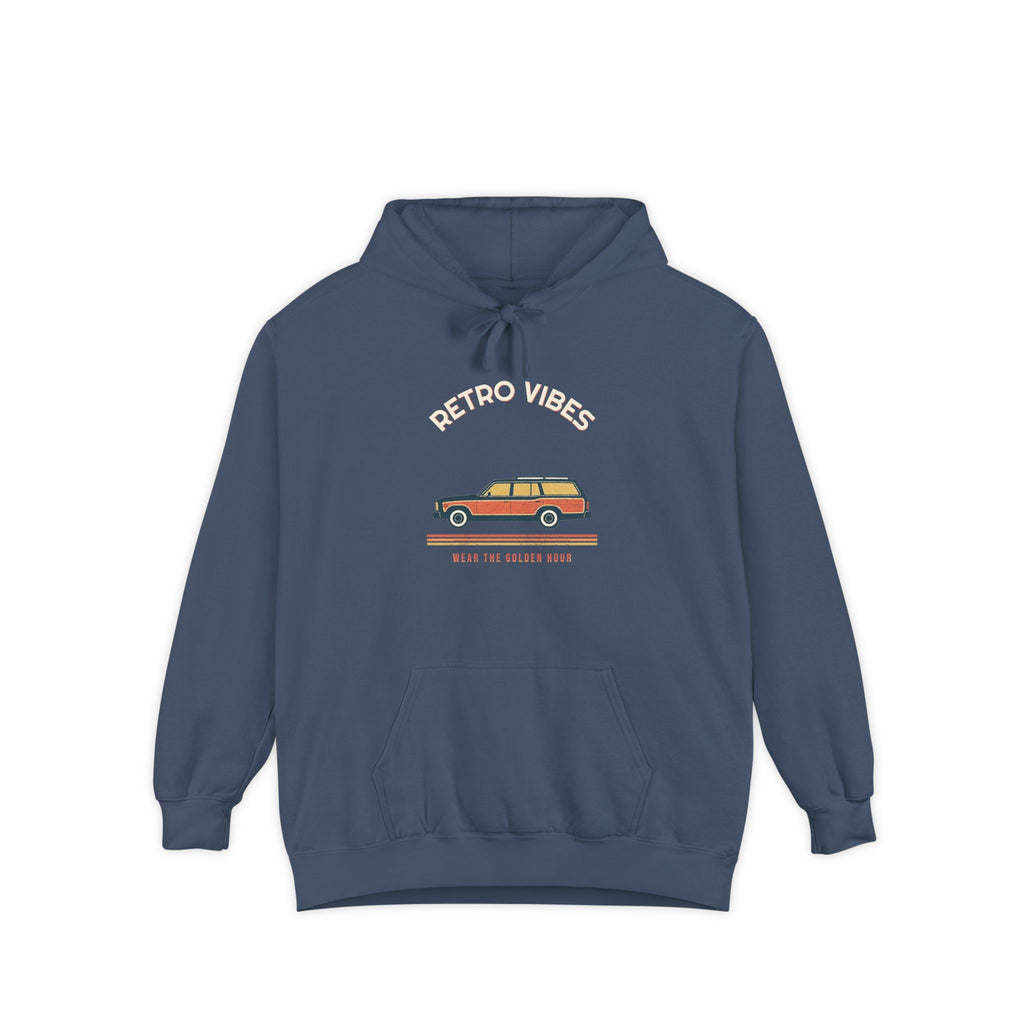 Wagon Wordmark — a Batch 2 Retro Vibes original in the locked 70s palette, printed on a Comfort Colors 1567 garment-dyed hoodie by Retro Vibes