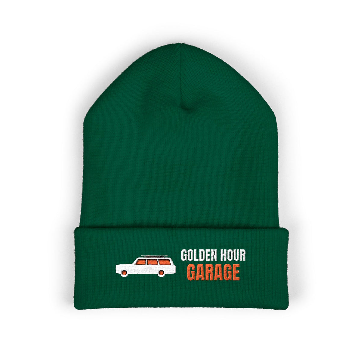 Golden Hour Garage — a Retro Vibes original in the locked 70s palette, simplified for clean embroidery, embroidered on a Yupoong cuffed knit beanie by Retro Vibes