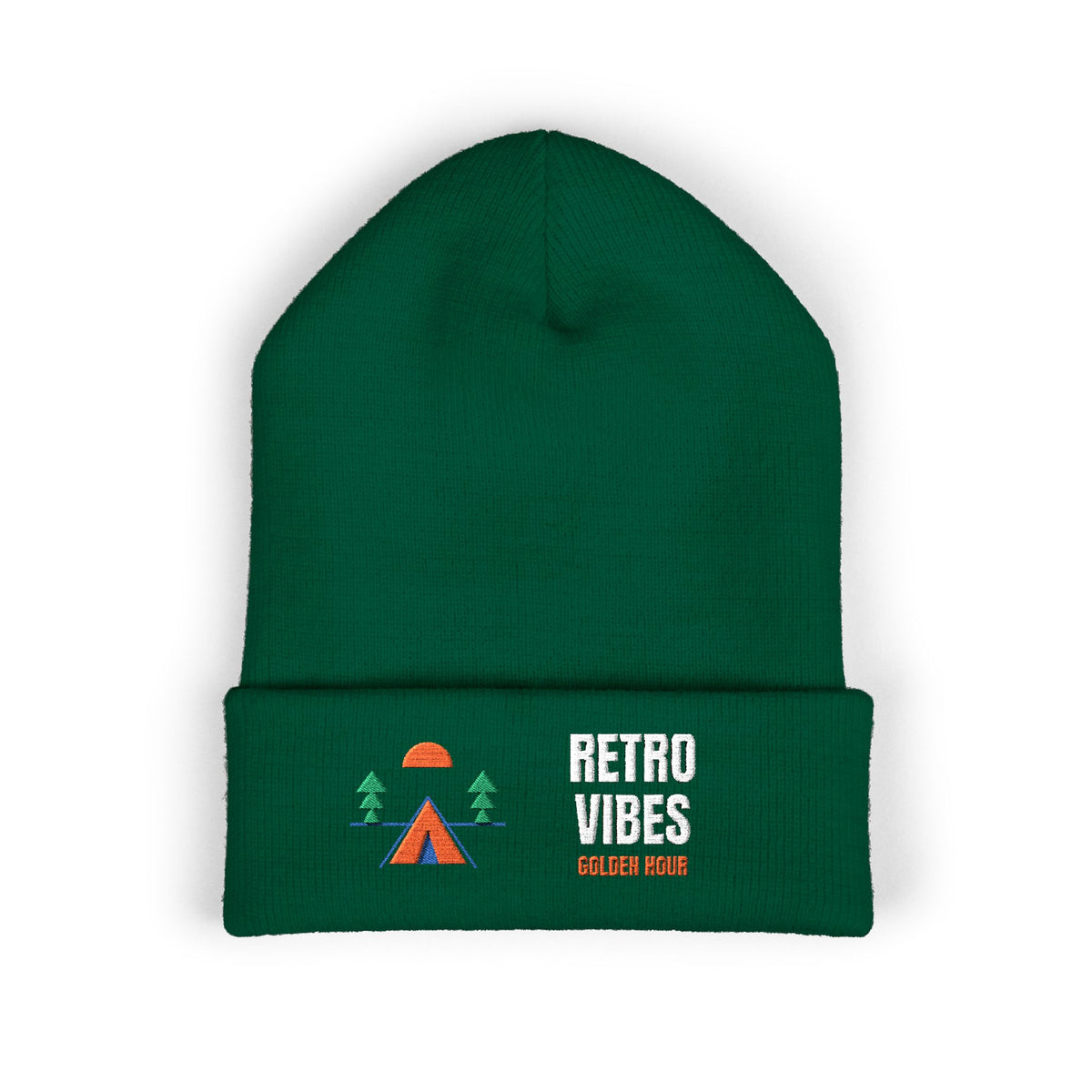Merrow Patch — a Retro Vibes original in the locked 70s palette, simplified for clean embroidery, embroidered on a Yupoong cuffed knit beanie by Retro Vibes