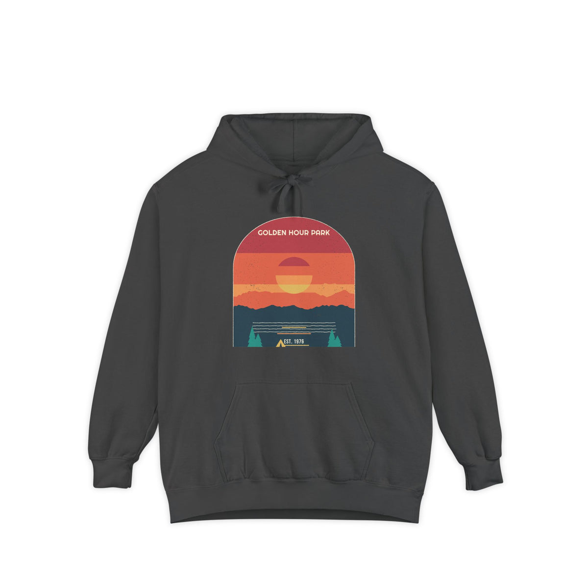 Golden Hour Park — the stepped sunset over still water on a heavyweight garment-dyed hoodie, printed on a Comfort Colors 1567 garment-dyed hoodie by Retro Vibes