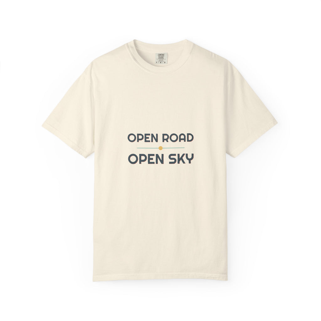 Open Road Open Sky — a Batch 2 Retro Vibes original in the locked 70s palette, printed on a Comfort Colors 1717 garment-dyed tee by Retro Vibes