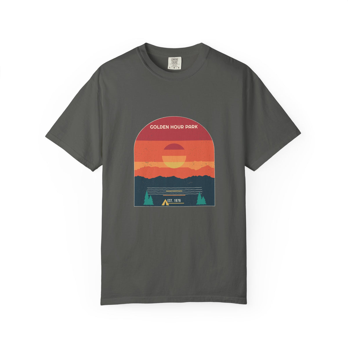 Golden Hour Park — a stepped-band sunset over still water, est. 1976. The park at its best hour, printed on a Comfort Colors 1717 garment-dyed tee by Retro Vibes