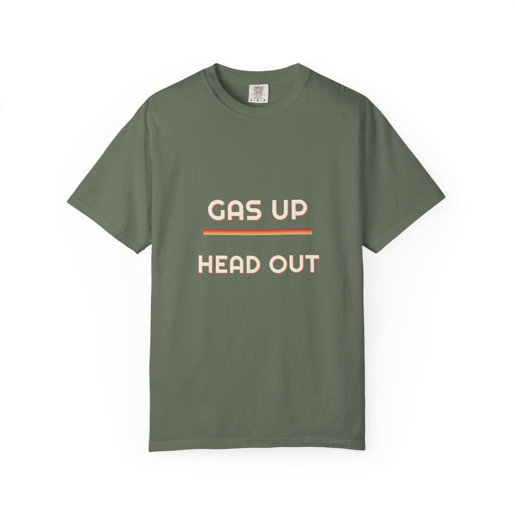 Gas Up Head Out — a Batch 2 Retro Vibes original in the locked 70s palette, printed on a Comfort Colors 1717 garment-dyed tee by Retro Vibes
