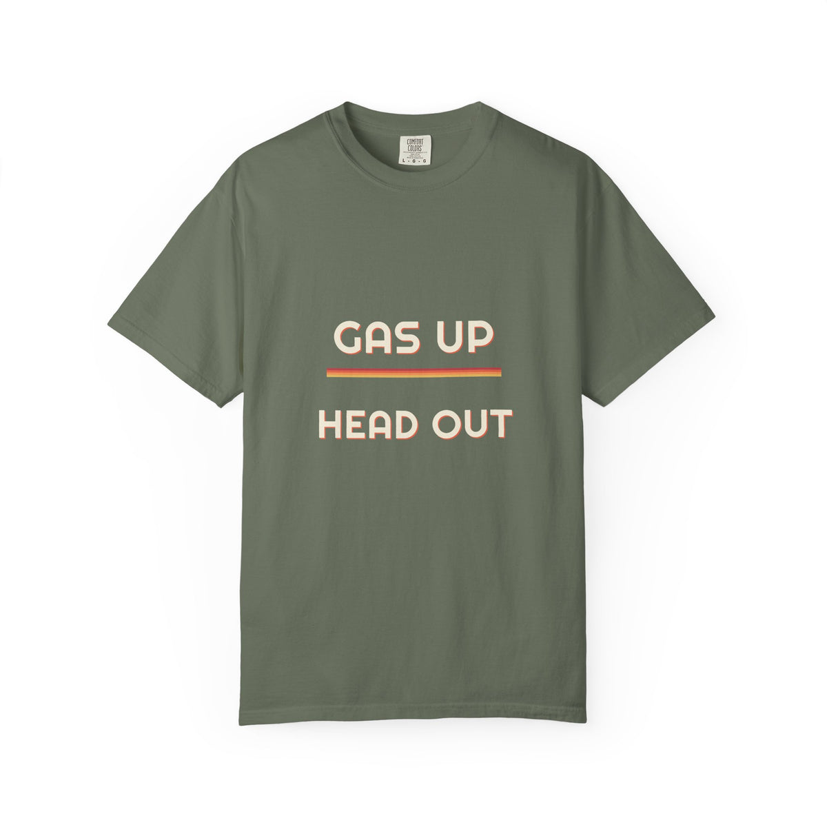 Gas Up Head Out — a Batch 2 Retro Vibes original in the locked 70s palette, printed on a Comfort Colors 1717 garment-dyed tee by Retro Vibes