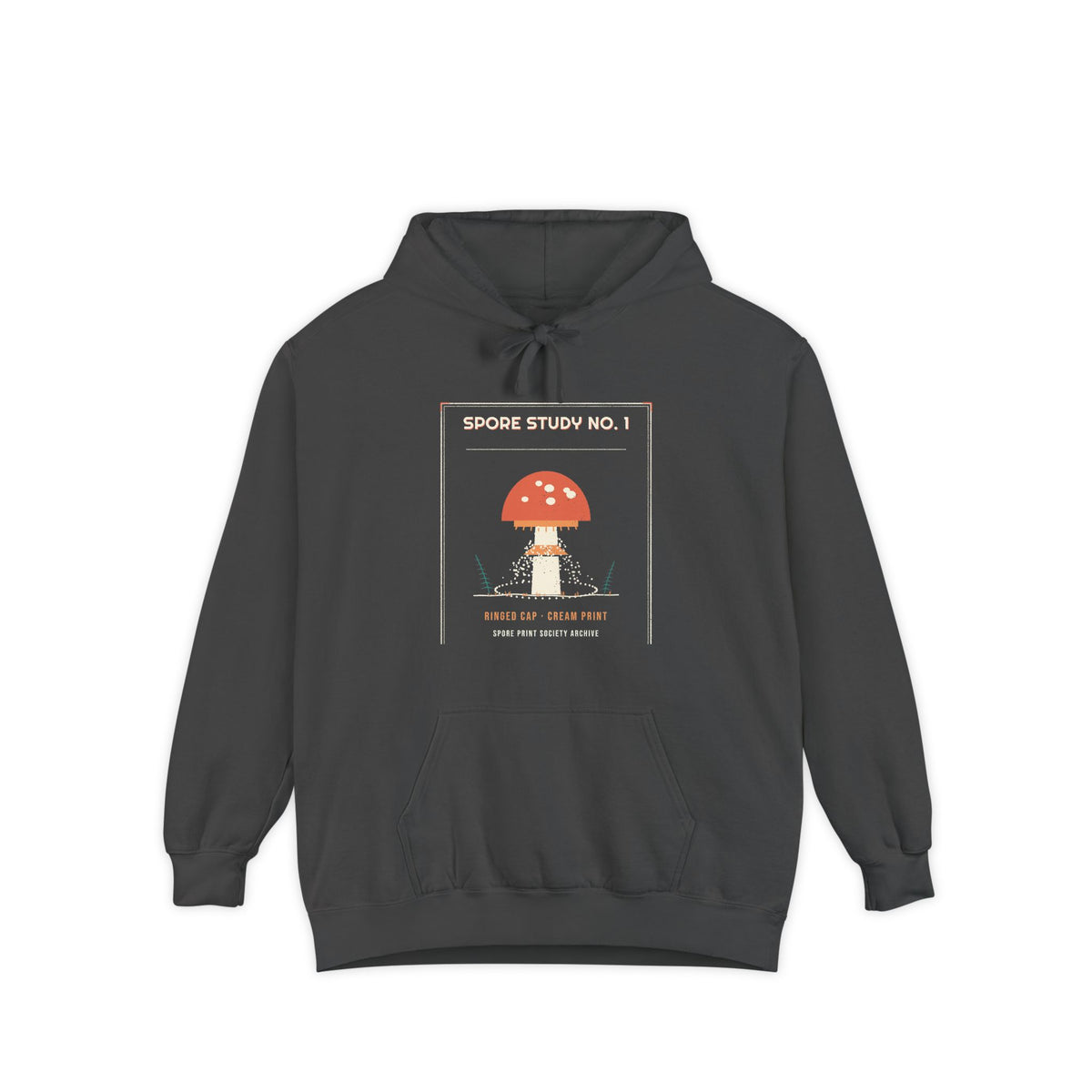 Spore Study No. 1 — Ringed Cap — from the Spore Print Society collection, a Retro Vibes original in the locked 70s palette, printed on a Comfort Colors 1567 garment-dyed hoodie by Retro Vibes