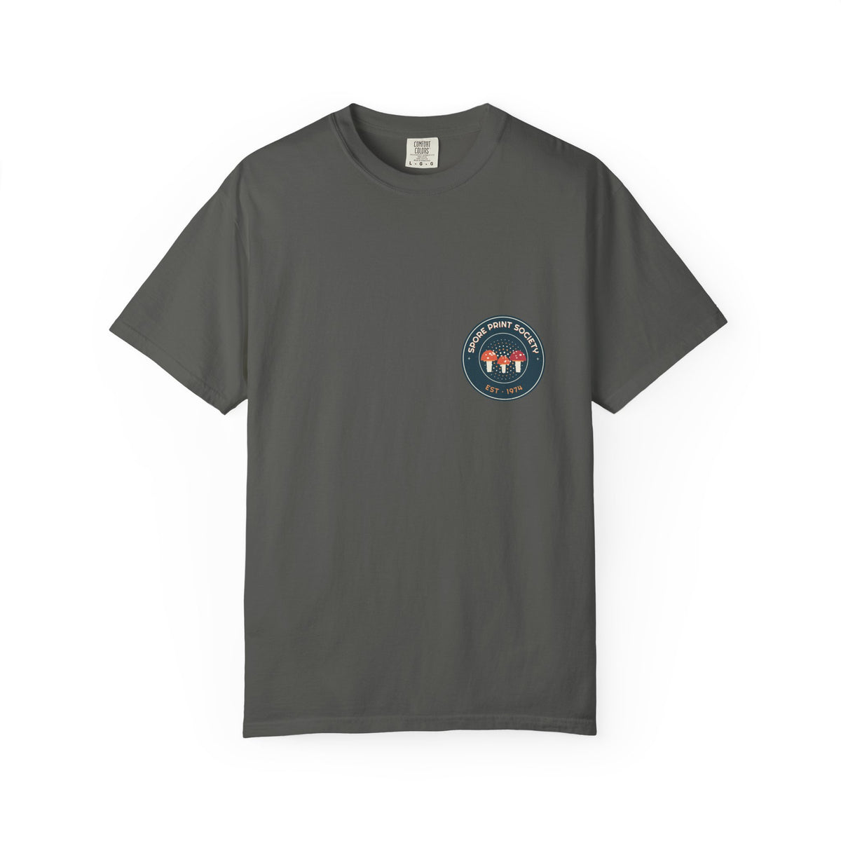 Society Crest — from the Spore Print Society collection, a Retro Vibes original in the locked 70s palette, printed on a Comfort Colors 1717 garment-dyed tee by Retro Vibes