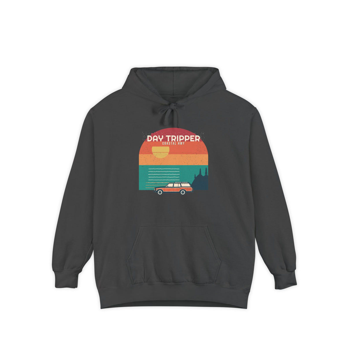 Coastal Day Tripper — a Batch 2 Retro Vibes original in the locked 70s palette, printed on a Comfort Colors 1567 garment-dyed hoodie by Retro Vibes