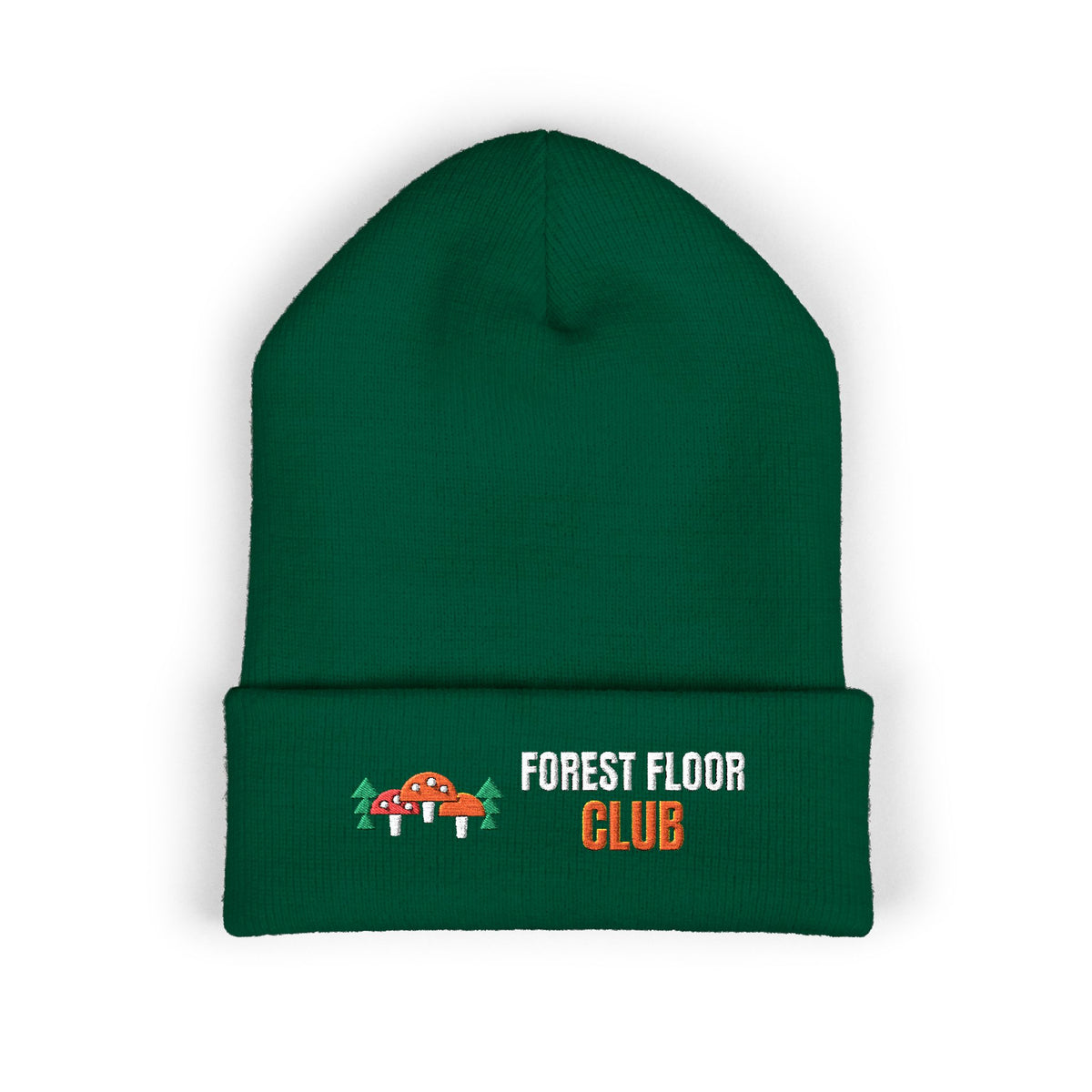 Forest Floor Club — a Retro Vibes original in the locked 70s palette, simplified for clean embroidery, embroidered on a Yupoong cuffed knit beanie by Retro Vibes