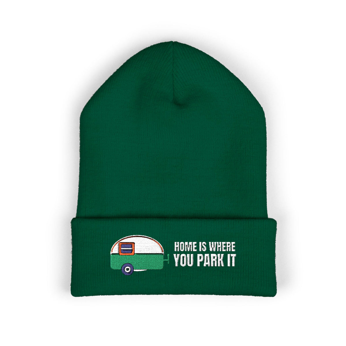 Home Is Where You Park It — a Retro Vibes original in the locked 70s palette, simplified for clean embroidery, embroidered on a Yupoong cuffed knit beanie by Retro Vibes