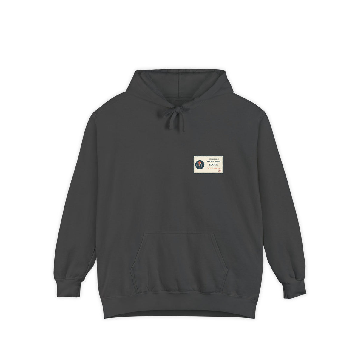Specimen Label — from the Spore Print Society collection, a Retro Vibes original in the locked 70s palette, printed on a Comfort Colors 1567 garment-dyed hoodie by Retro Vibes