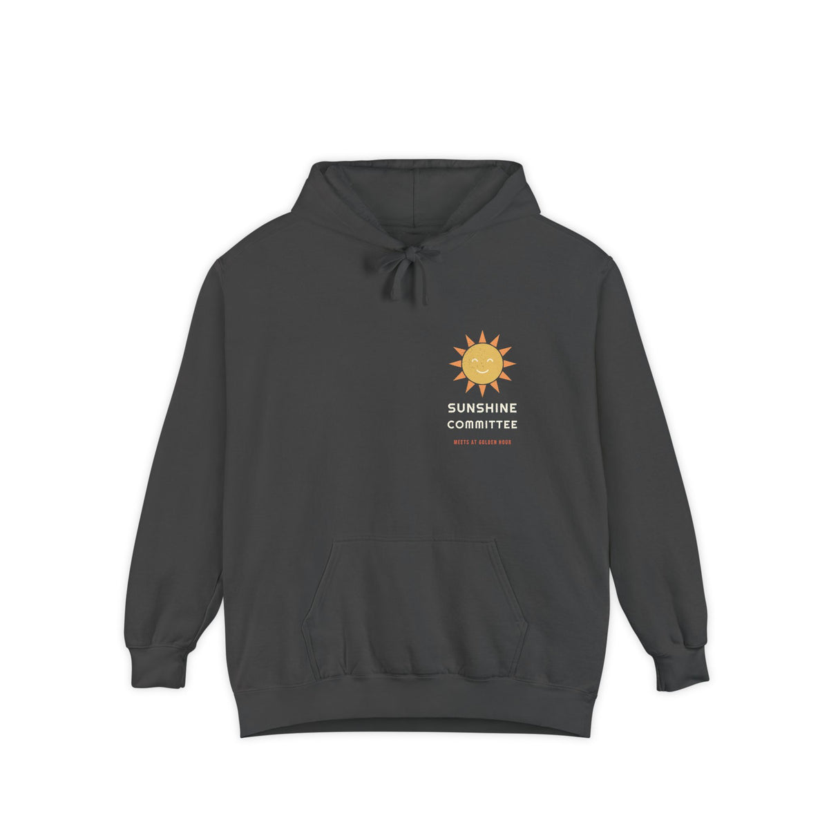 Sunshine Committee — the stepped sun badge, small over the left chest. Membership: show up for the good light, printed on a Comfort Colors 1567 garment-dyed hoodie by Retro Vibes