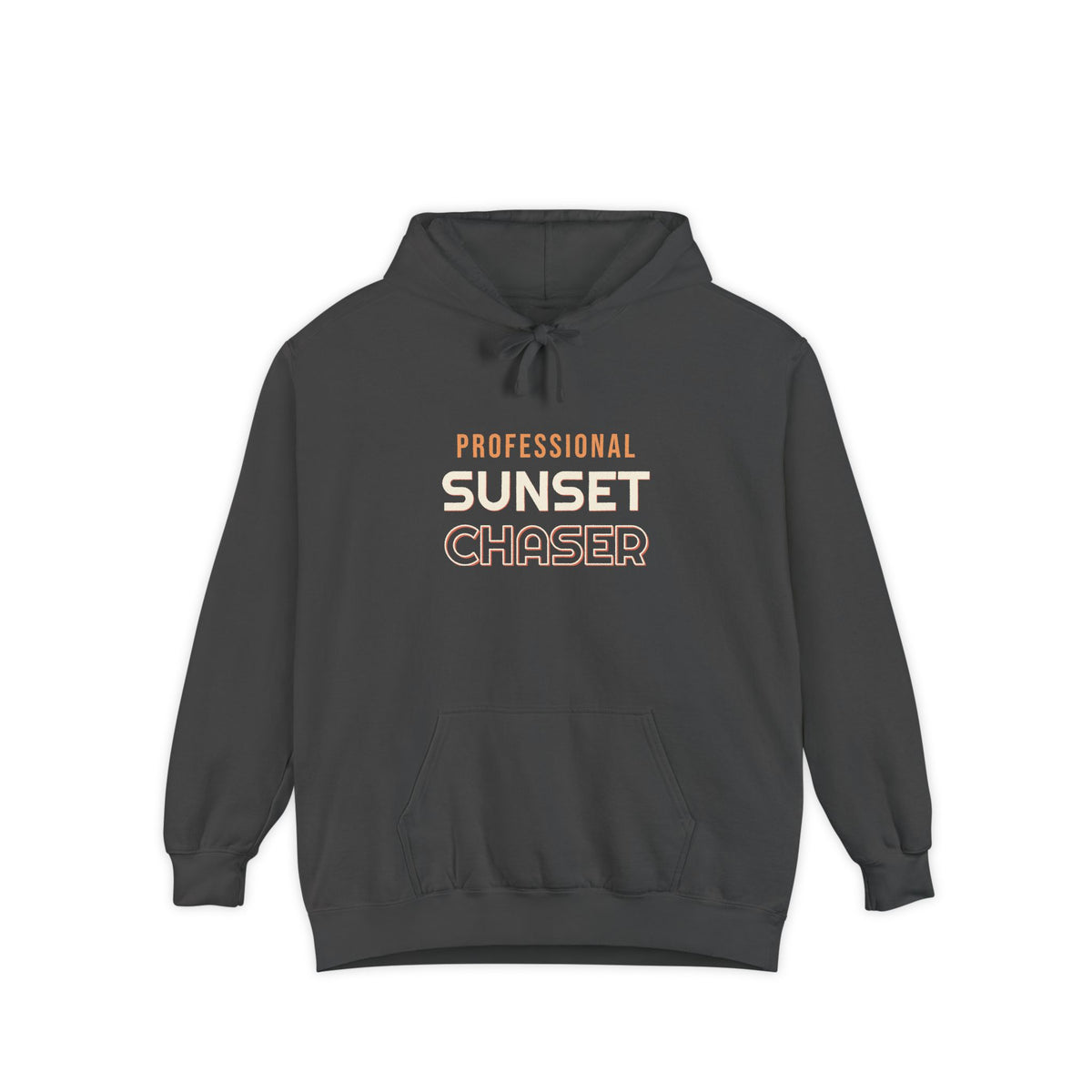 Professional Sunset Chaser — a Batch 2 Retro Vibes original in the locked 70s palette, printed on a Comfort Colors 1567 garment-dyed hoodie by Retro Vibes