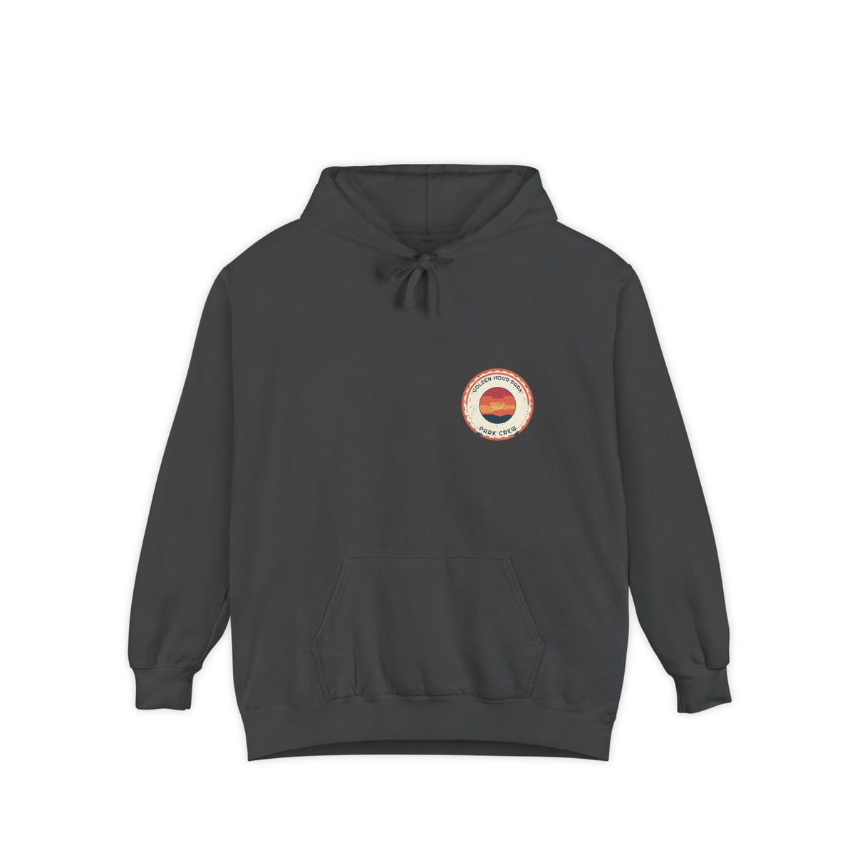 Golden Hour Park Patch — the park crew patch on garment-dyed fleece, printed on a Comfort Colors 1567 garment-dyed hoodie by Retro Vibes