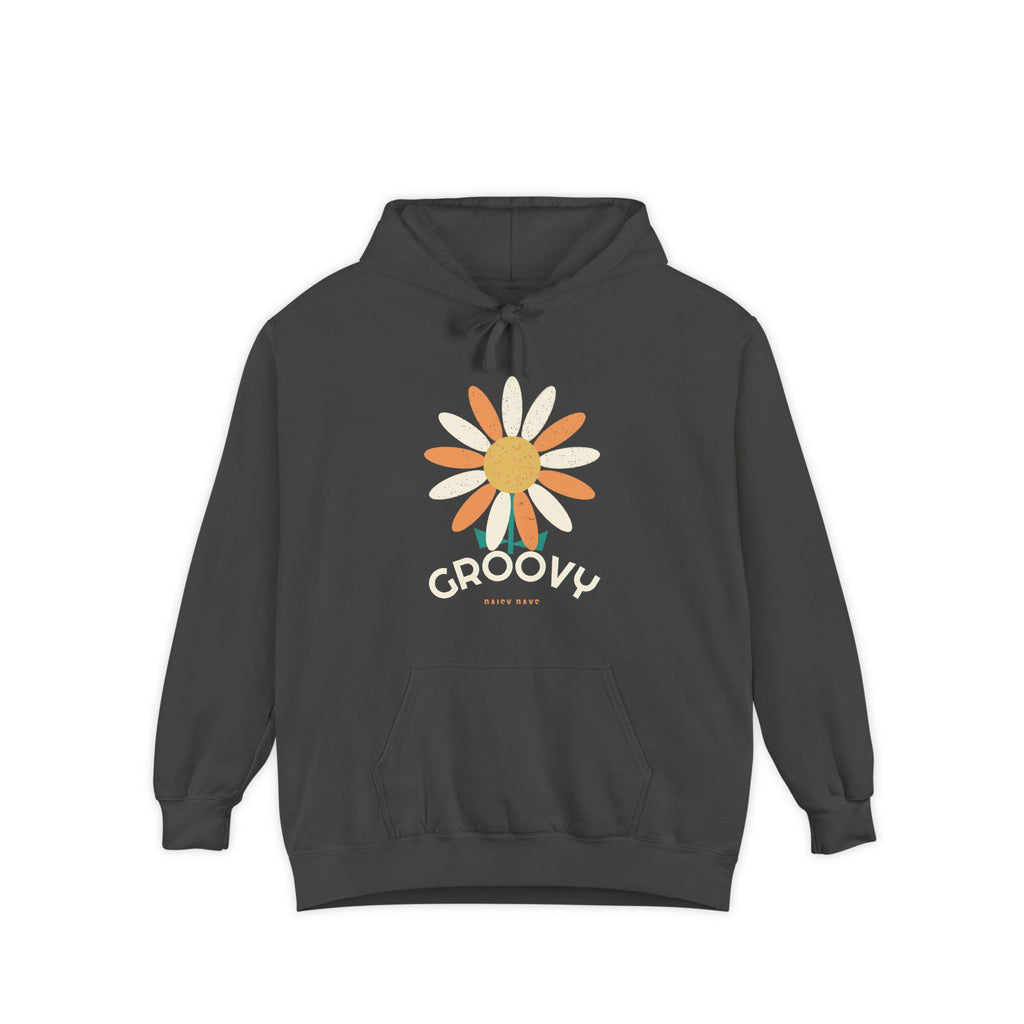 Groovy Daisy — one big daisy in full 70s color. Flower power, garment-dyed, printed on a Comfort Colors 1567 garment-dyed hoodie by Retro Vibes