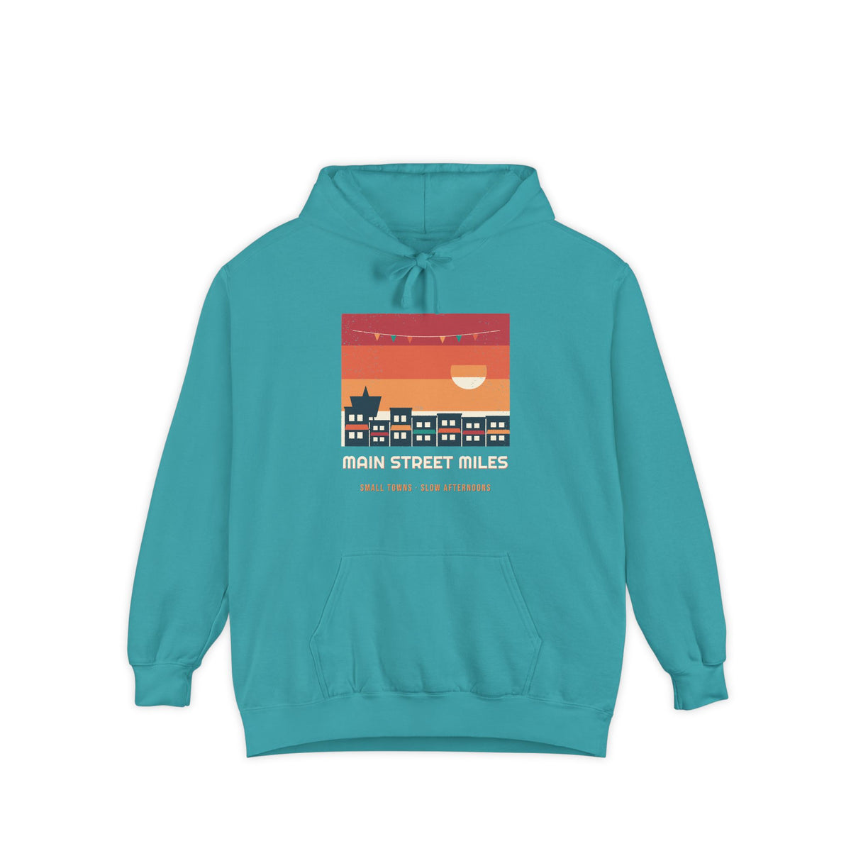 Main Street Miles — a Batch 3 Retro Vibes original in the locked 70s palette, printed on a Comfort Colors 1567 garment-dyed hoodie by Retro Vibes